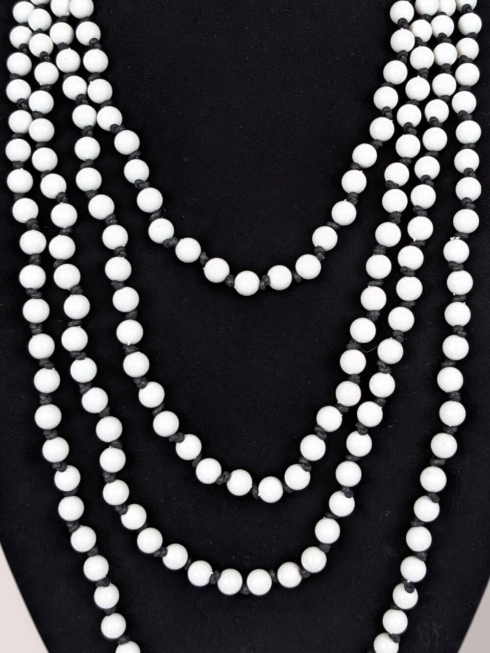 4-Strand White Bead Black Cord Statement Necklace - Picture 2 of 5